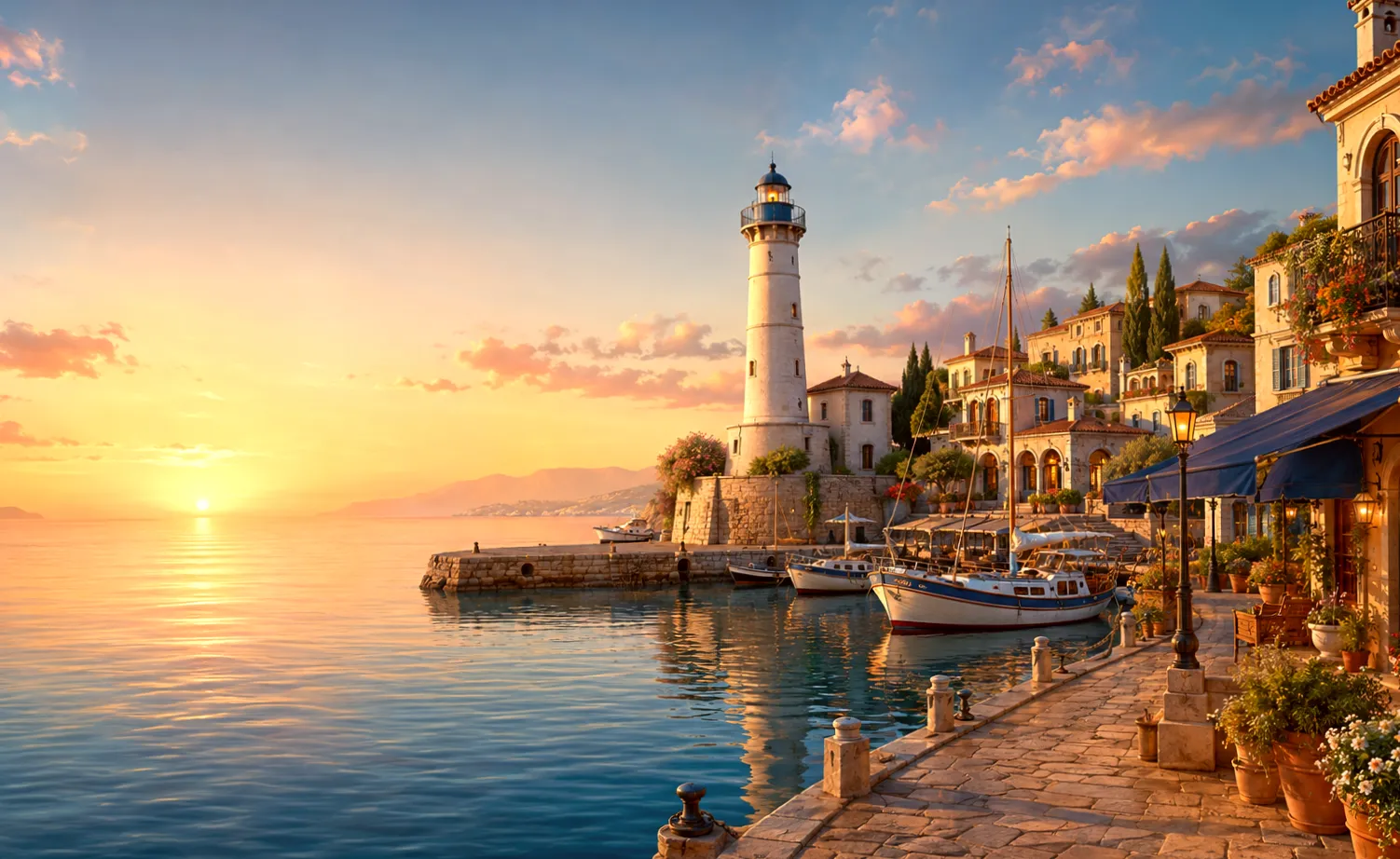 Gün batımında deniz feneri ve marina bulunan Akdeniz limanı